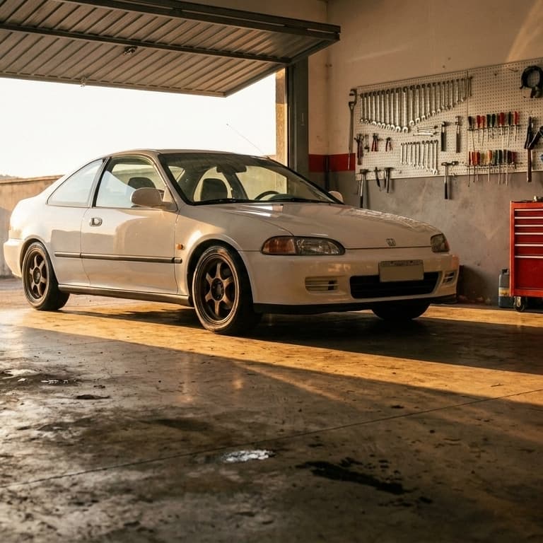 O Civic branco na garagem de casa, com a luz do fim de tarde