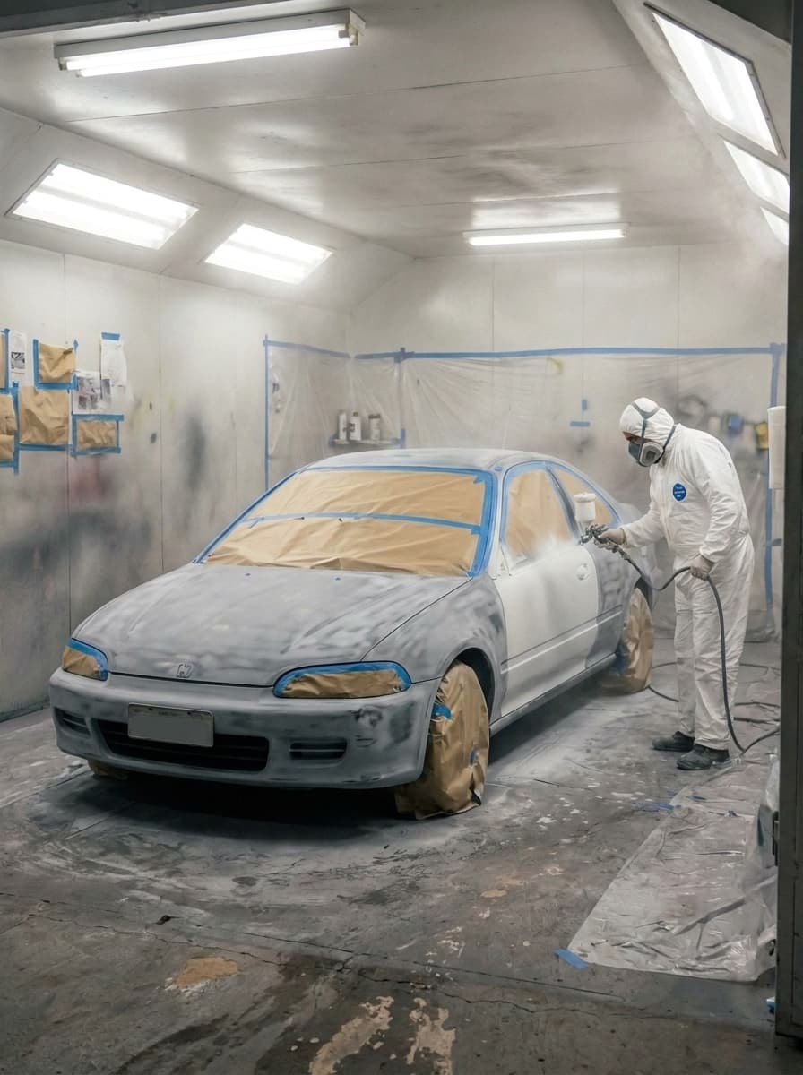 O Civic em primer na cabine de pintura, recebendo a primeira demão de branco