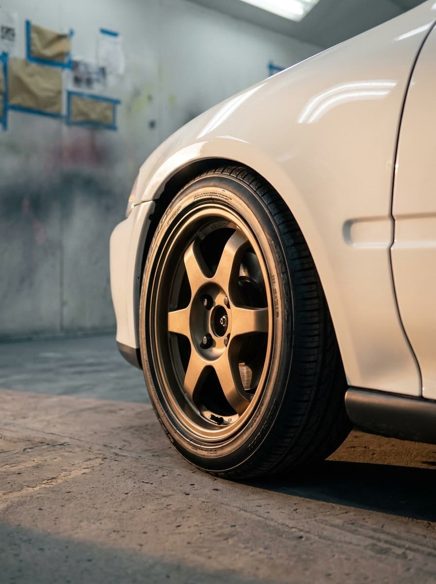 A roda bronze aro 15 montada no Civic já branco